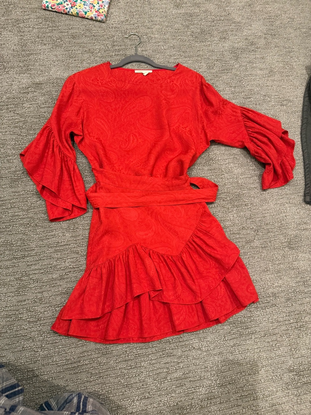 Maje Red Ruffle Bell-Sleeve Tie Dress paisley